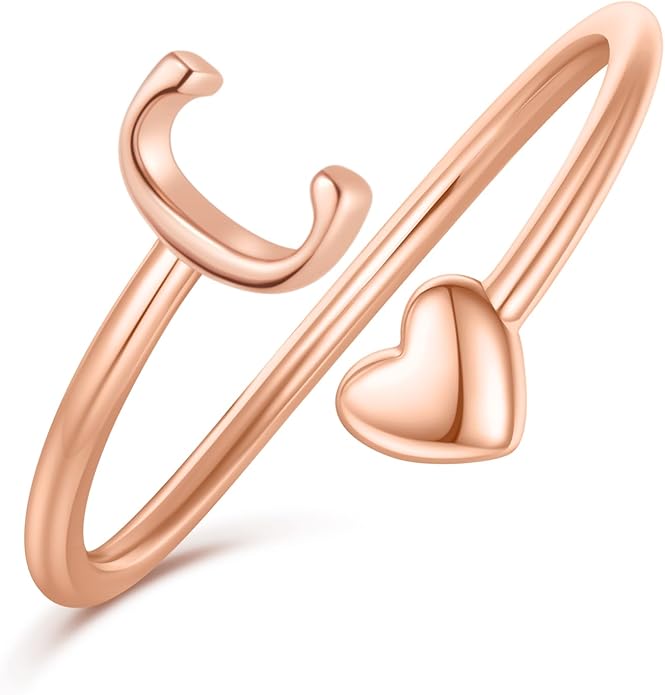Initial Rings for Women Girls - Valentines Day Gifts for Her, Adjustable Rings for Women Non Tarnish Letter A-Z Dainty Heart Ring Teen Girls Gifts Trendy Stuff Personalized Jewelry Gift