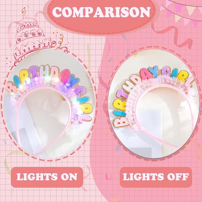 Light Up Birthday Girl Headbands LED Pink Birthday Crown Headpiece Glitter Party Hair Accessories for Women (Pink, One Size)