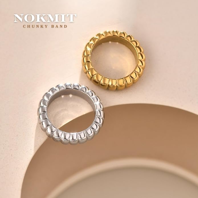 NOKMIT 14K Gold Filled Chunky Statement Rings for Women Cute Puffy Dome Croissant Thumb Band Non Tarnish Comfort Fit Size 5-10