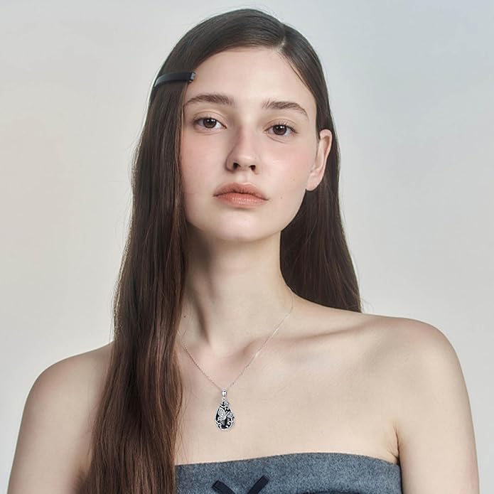 Black Onyx Necklace 925 Sterling Silver Flower Insect Pendant Teardrop Onyx Jewelry Valentines Day Birthday Gifts for Women