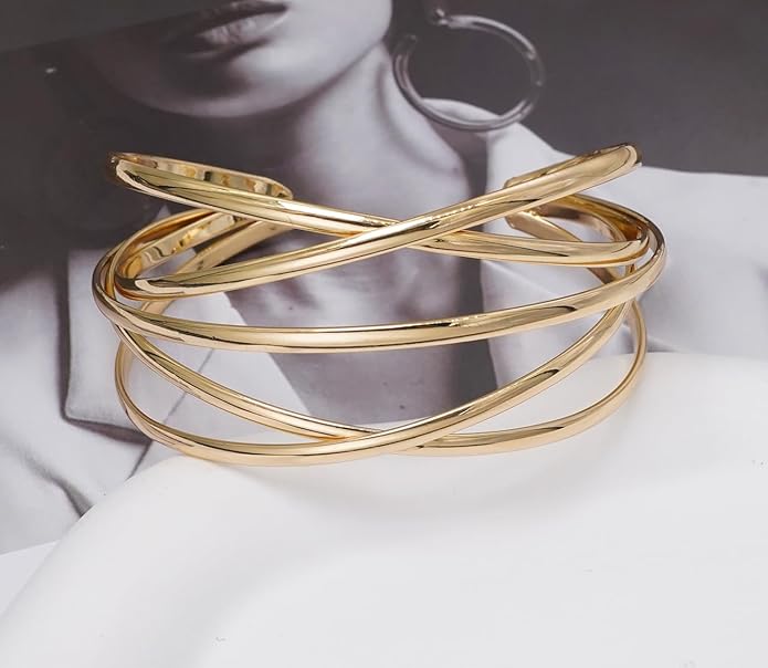 Multi-layer Cuff Bracelet for Women Cross Wire Bracelets Open Wide Cuff Gold Bangle Bracelet