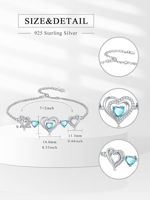 Birthstone Charm Link Bracelet 925 Sterling Silver Rose/Heart/Mom Bracelet with 12 Months Birthstone Mother's Day Gift Jewelry Gifts for Women,Chain Length 7"+2" Extend