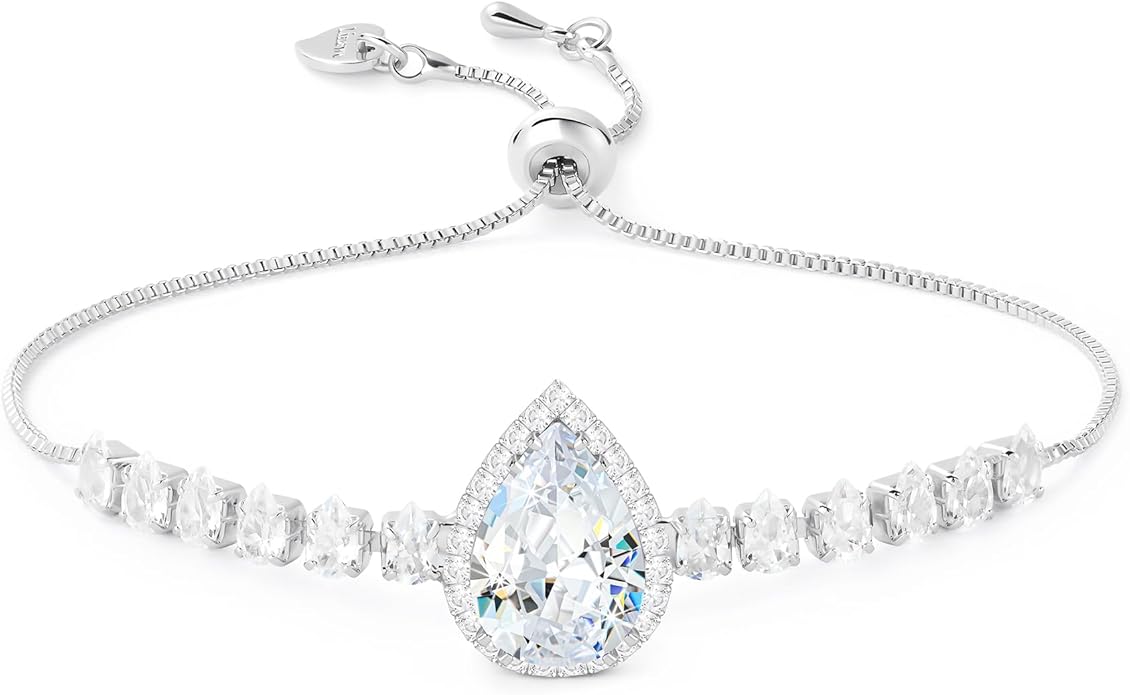 Linawe Crystal Imitation Diamond Rhinestone Charm Bracelets for Women, Gold/Silver/Rose Gold Adjustable Chain Bracelet, Teardrop Birthstone Cubic Zirconia Prom Costume Wedding Jewelry