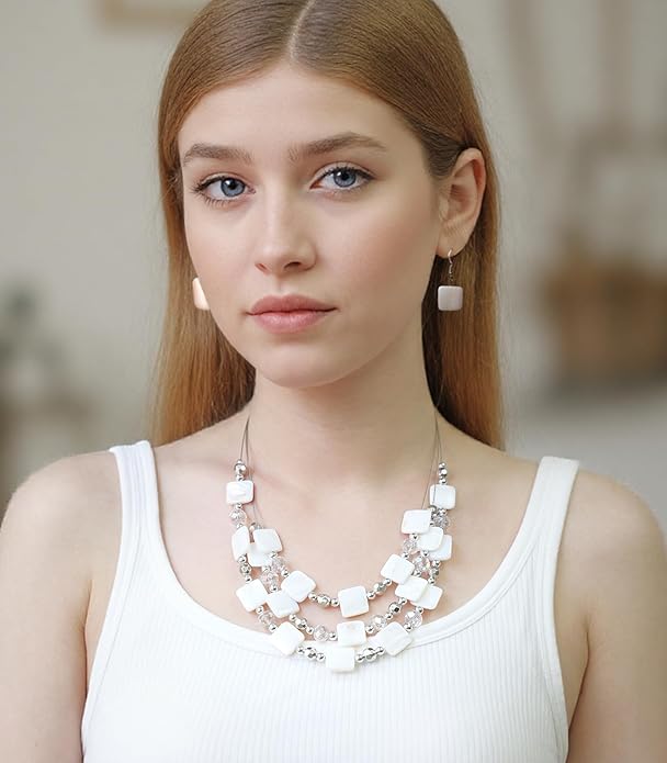 Layered Beaded Statement Necklaces for Women Square Shell Bead Collar Necklace and Earring Set Birthday Gifts Boho Jewelry Sets for Women