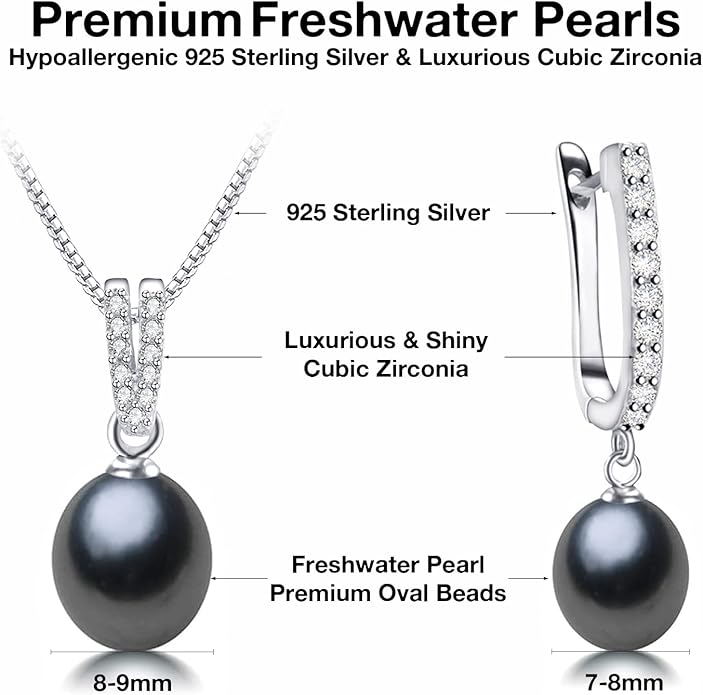 Pearl Jewelry Set For Women with Cubic Zirconia Freshwater Pearl Pendant Necklace & Earrings 925 Sterling Silver for Wedding Prom Gift