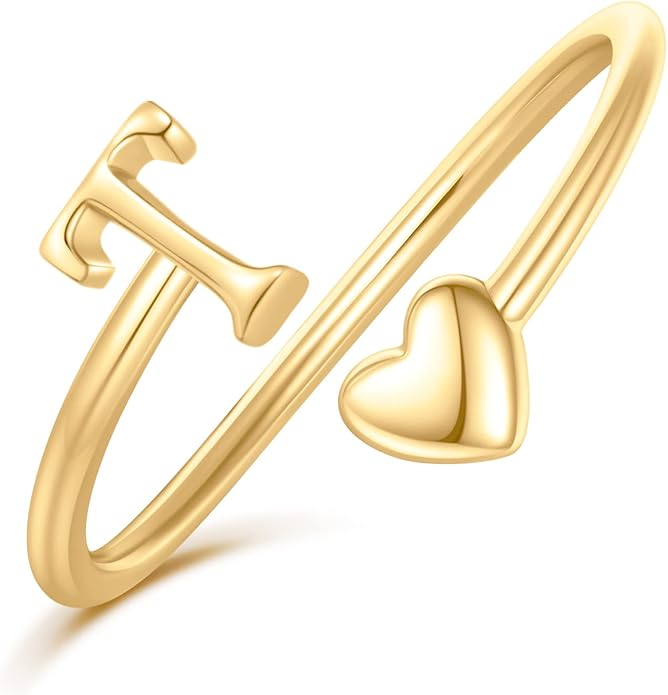 Initial Rings for Women Girls - Valentines Day Gifts for Her, Adjustable Rings for Women Non Tarnish Letter A-Z Dainty Heart Ring Teen Girls Gifts Trendy Stuff Personalized Jewelry Gift