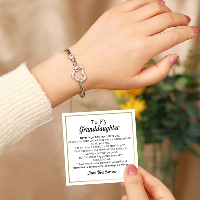 To My Granddaughter - Infinity Heart Bracelet Gift with Meaningful Card, Granddaughter Gifts from Grandma & Grandpa, Elegant Silver Jewelry for Birthday, Graduation, Christmas.