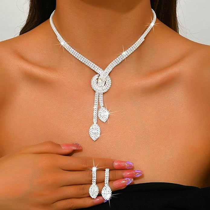 Unicra Silver Rhinestone Bridal Wedding Jewelry Set Crystal Necklace Earrings Sets Formal Prom Costume Jewelry Sets for Women and Brides