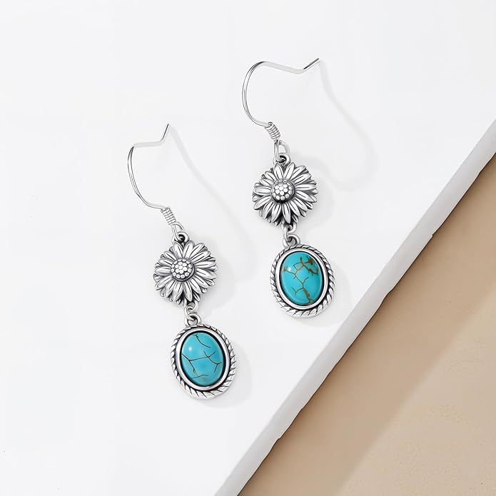 Natural Turquoise Sunflower Earrings 925 Sterling Silver Hook Western Earrings for Women You are my Sunshine Vintage Boho Jewelry Gifts for Her
