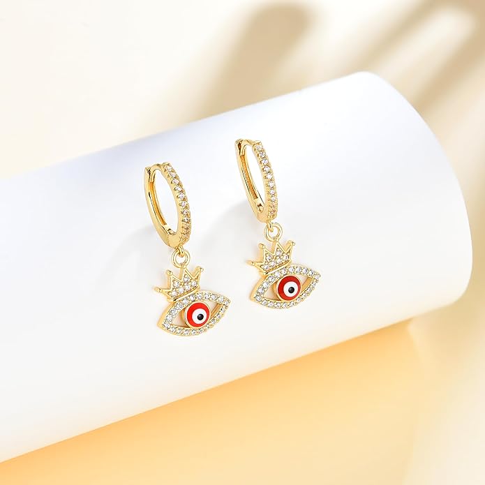 Evil Eye Earrings 14K Gold Crown Delicate Crystal Devil's Eye Huggie Drop Earrings, Fashion Christmas Jewelry Gift for Her Evil Eye Jewelry Gifts for women