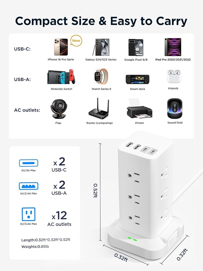 Surge Protector Power Strip, 6FT Flat Plug Extension Cord with 12 AC Outlets, 4 USB Charger(2 USB C Port), 1200 Joules Overload Protection, Desk Charging Station for Home Office, Dorm Room Essentials