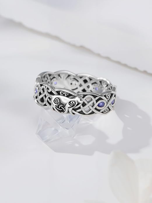 Seiyang Celtic Cat Ring 925 Sterling Silver Irish Trinity Knot Celtic Cat Wedding Promise Ring with 12 Months Birthstone Irish Lucky Jewelry Gifts for Women Mom Her