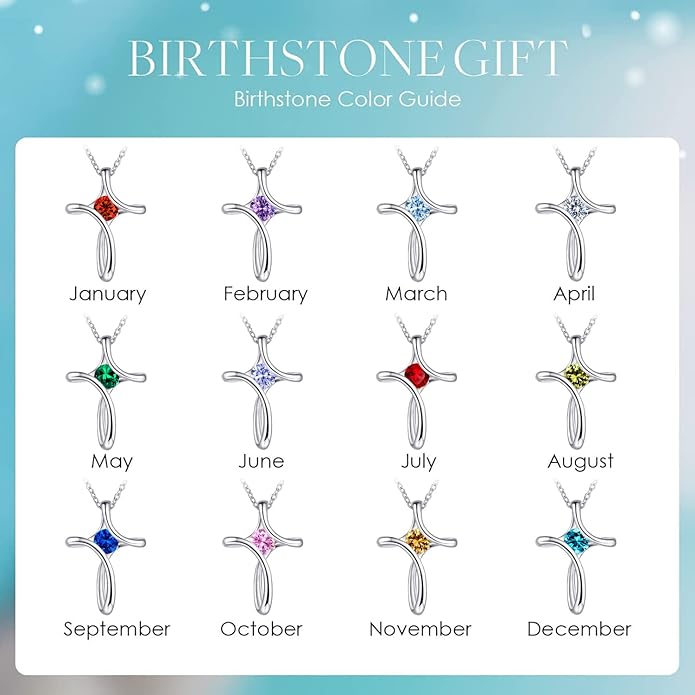Cross Necklace for Women, 925 Sterling Silver Birthstone Necklace for Women with Diamond Sideways Cross Necklaces Birthstone Jewelry Birthday Gifts for Womens