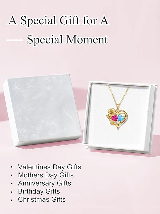 Sunflower Heart Necklace for Women 14K Gold Exquisite Valentines Day Anniversary Birthday Gifts for Wife Mother Her Double Birthstone Pendant Jewelry‘You Are My Sunshine’