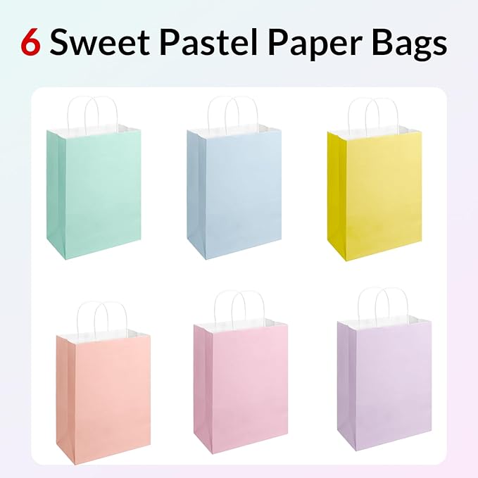SUNEE Gift Bags with Handles 8x4.3x10.7, 100 Pcs Paper Gift Bags Medium Size Bulk, Pastel Color for Wedding, Birthday, Party Supplies and Celebrations