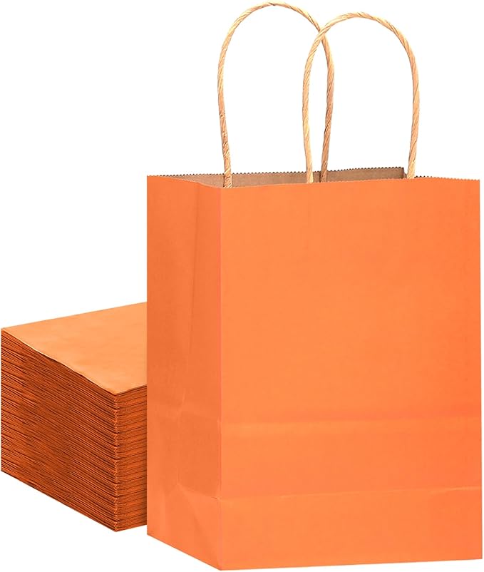 qiqee Large Kraft Paper Bags with Handles 13"x10"x5" 32pcs Gift Paper Bag Orange Solid Color Bags（Large Size）