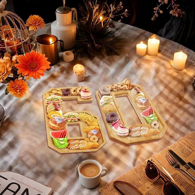 Brainy 60th Birthday Party Supplies Trays Number Charcuterie Tray Wooden Serving Anniversary Number Charcuterie Tray for 60th Birthday Anniversary Party Decorations Chocolate Candy Container