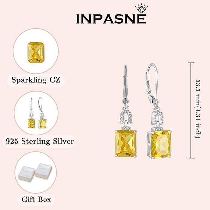 Emerald Cut Earrings 925 Sterling Silver Baguette Birthstone Dangle Drop Leverback Earrings Jewelry Gifts for Women