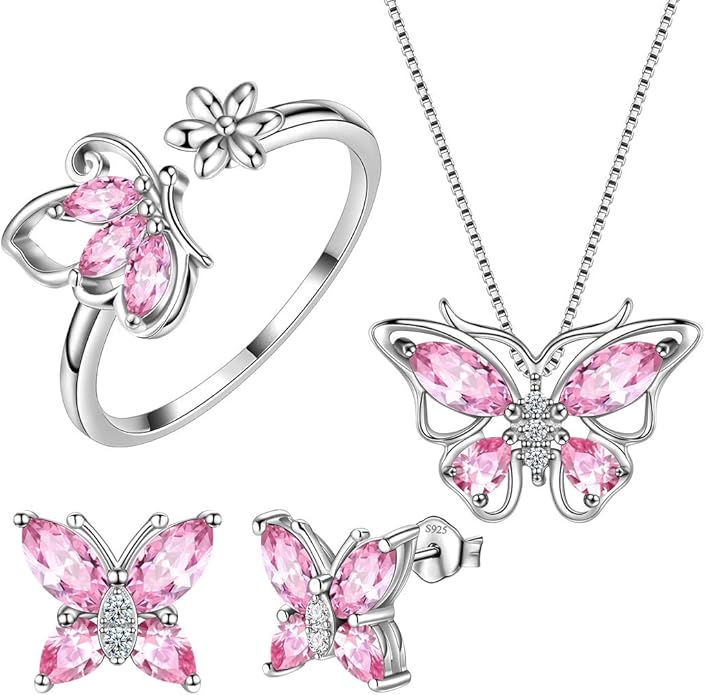 Aurora Tears Butterfly Jewelry,Women 925 Sterling Silver Butterflies Birthstone Pendant Necklace/Earrings/Rings Wedding Gift