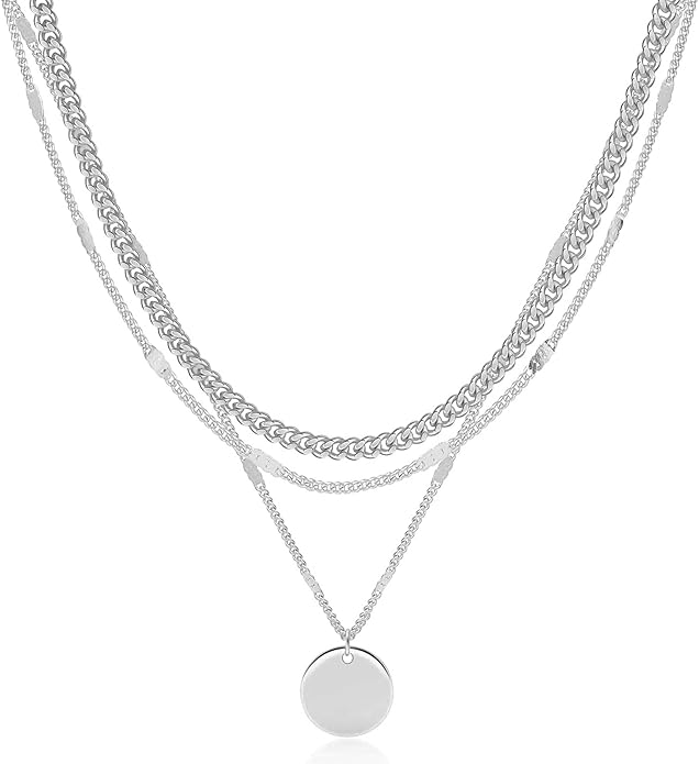 Layered Gold Silver Necklaces for Women, Stackable Stack 14K Real Gold Plated Silver Chain Necklace Diamond Circle CZ Layering Pendant Necklaces Trendy Gold Jewelry Set Gifts