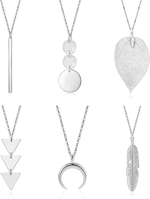 Long Necklaces for Women - Fashion Pendant Necklace Jewelry, Silver Bar Feather Circle Leaf Lock Tassel Y Necklace Jewelry Set for Girls