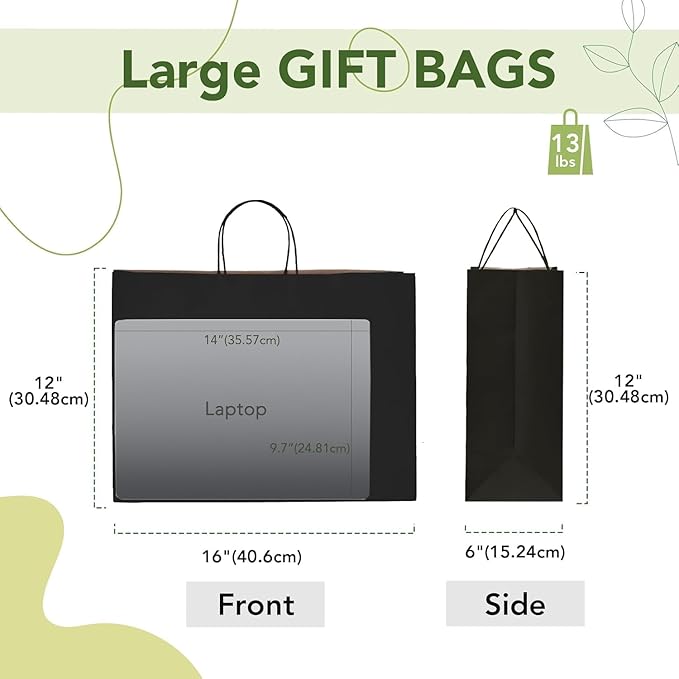 MESHA Gift Paper Bags 400 PACK 16x6x12 Inch Black Large Shopping Kraft Bags Bulk with Handles Reusable for Business,Grocery,Birthday,Wedding,Kids Party,Favors