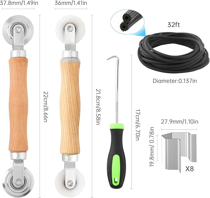 Window Screen Repair Kit, Steel/Nylon Roller Tool with Bearing+8pcs Screen Clips+32ft Screen Spline+Spline Removal Hook, 5 in 1 Screen Roller Tool Kit for Installing Door Mesh Screens