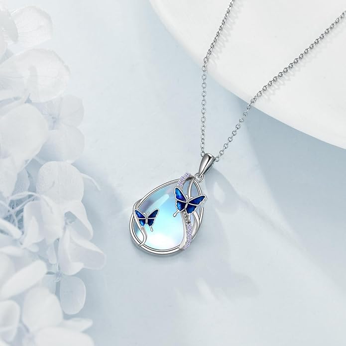 KQF Dragonfly/Butterlfy/Cat/Jellyfish/Bunny/Axolotl/Bee/Mermaid/Hummingbird/Elephant Necklace for Women Sterling Silver Moonstone Pendant Necklace Dragonfly Jewelry Gifts for Women
