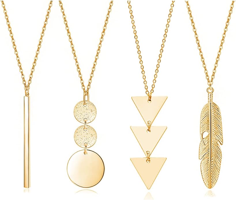 Long Necklaces for Women - Fashion Pendant Necklace Jewelry, Silver Bar Feather Circle Leaf Lock Tassel Y Necklace Jewelry Set for Girls