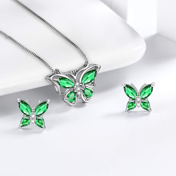 Aurora Tears Butterfly Jewelry,Women 925 Sterling Silver Butterflies Birthstone Pendant Necklace/Earrings/Rings Wedding Gift