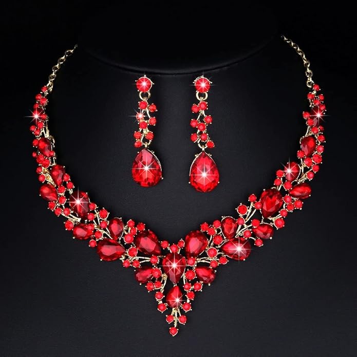 3/4 Pieces Women Jewelry Set Artificial Rhinestone Crystal Bride Statement Choker Necklace Tiara Crown Link Bangle Bracelet Teardrop Dangle Earrings Set