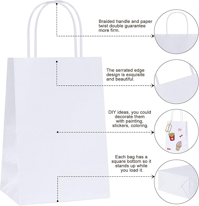 REMTAP Kraft Paper Bags with Handles - Bulk Gift Bags for Wedding, Party, Retail Packaging - White, 100pcs, 5.2 * 3.7 * 8.2