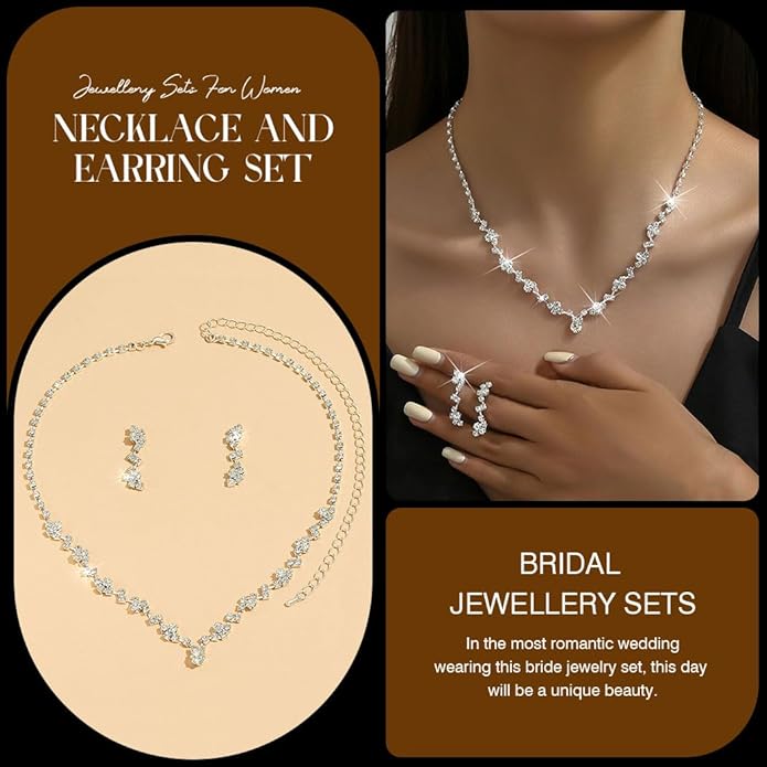 Unicra Bride Crystal Necklace Earrings Set Bridal Wedding Jewelry Sets Rhinestone Choker Necklace Costume Jewelry Set for Women and Brides (3 piece set - 2 earrings and 1 necklace)
