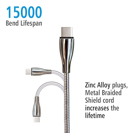 Metal Braided Wire USB C to USB C Cable 6ft, 2Pack, 60W 3A, Stainless Steel, Strong Durable Wire, Tangle Free, Pets Chewing Proof, Silver