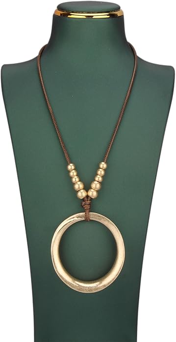 Boho Leather Necklace Women Bohemian Brown Circle Pendant Necklace Choker Long Necklaces for Women Boho Ring Large Pendant