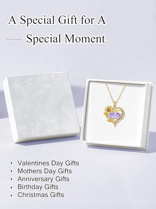 Sunflower Heart Necklace for Women 14K Gold Exquisite Valentines Day Anniversary Birthday Gifts for Wife Mother Her Double Birthstone Pendant Jewelry‘You Are My Sunshine’