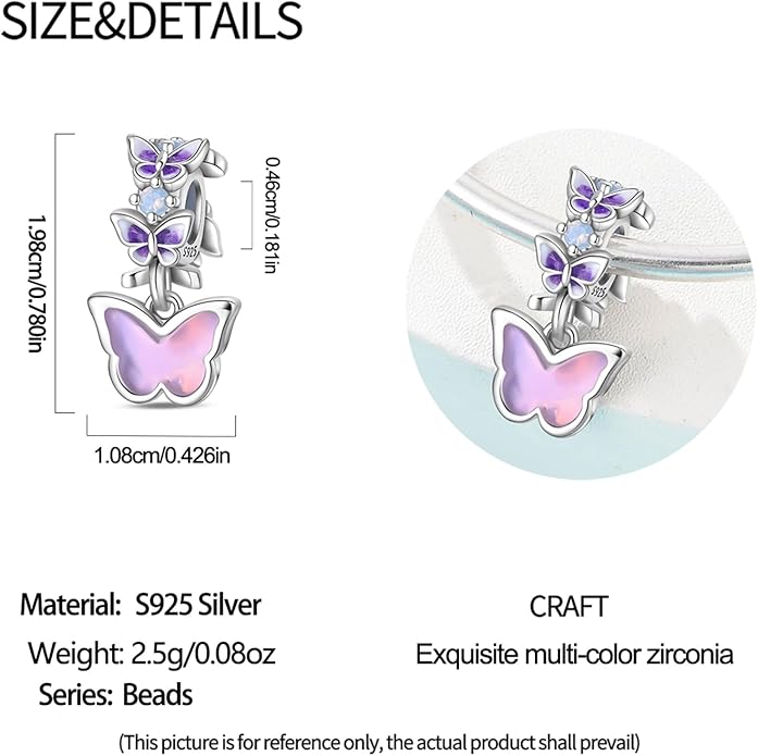Charm Beads for Women, S925 Sterling Silver Dangle Charm Beads for European Charm Bracelet & Snake Chain Bracelets, Love Family Friendship Butterfly Pet Flower Designs, Gift Box Included