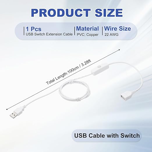 MECCANIXITY USB Extension Cable with ON/Off Button Switch 1m USB Male to Female Extension Cord for Desk Lamp Fan LED Light Strip White Pack of 1