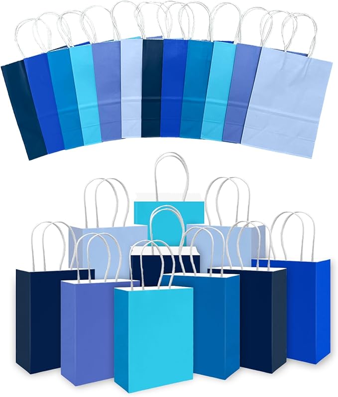 qiqee 30PCS Medium Gift Bag with Handles Bulk 11"x5"x8" Gift Bags 6 Different Blue Color Bags Multiple Uses (Medium Size)