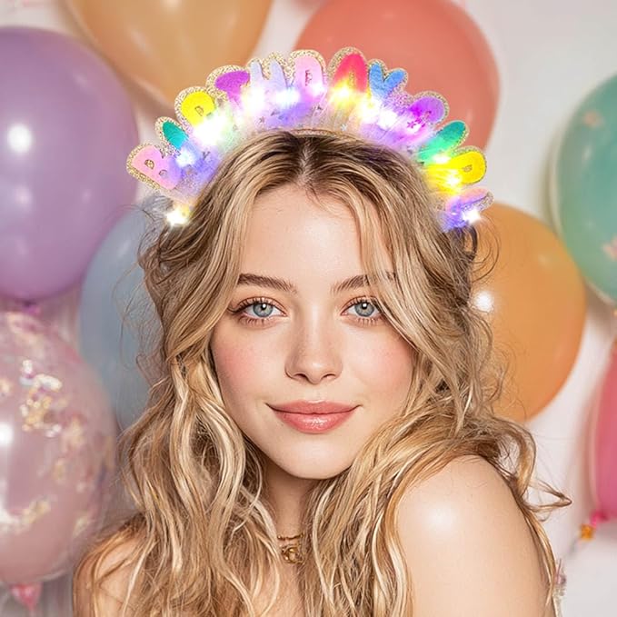 Light Up Birthday Girl Headbands LED Pink Birthday Crown Headpiece Glitter Party Hair Accessories for Women (Gold, One Size)