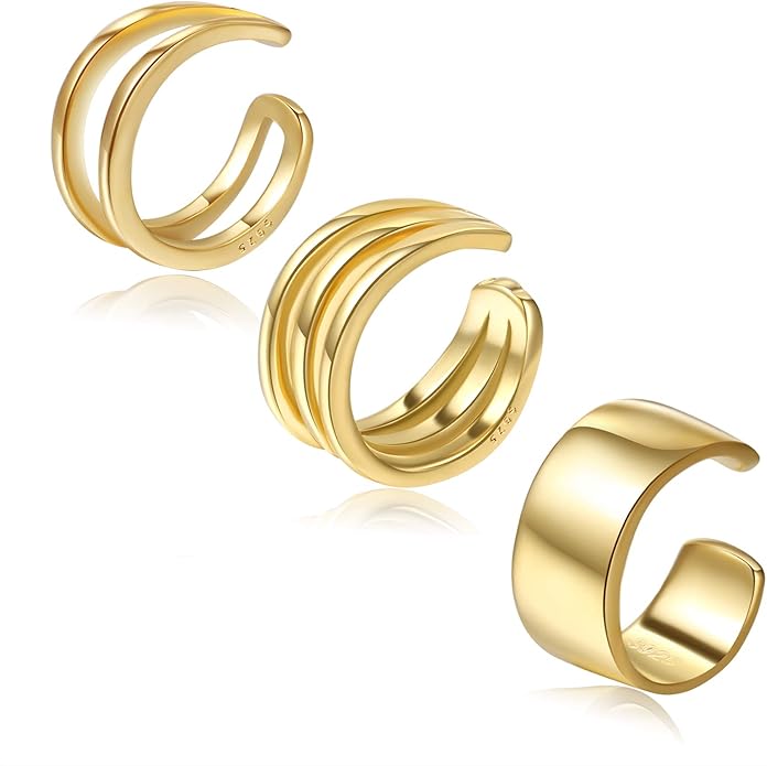 CHIC & ARTSY 925 Sterling Silver Ear Cuffs for Women, Non Piercing Clip On Cartilage Cuffs, Adjustable Fake Conch & Helix Earrings, Gold Plated & Oxidized Various Styles
