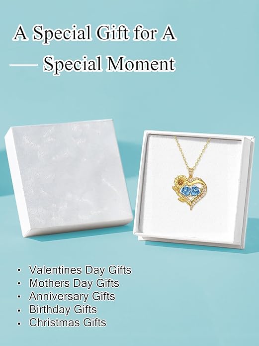 Sunflower Heart Necklace for Women 14K Gold Exquisite Valentines Day Anniversary Birthday Gifts for Wife Mother Her Double Birthstone Pendant Jewelry‘You Are My Sunshine’