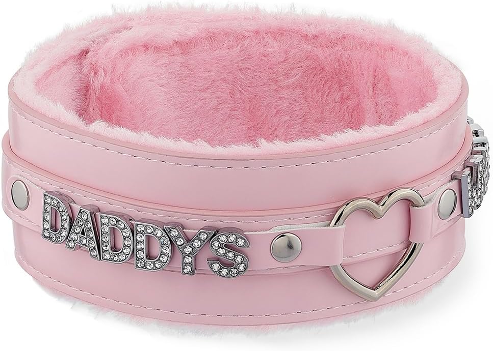 Pink Furry Heart O-ring Leather Choker Collar For Women, Handmade Punk Gothic Letter Necklace Adjustable Fashion Jewelry