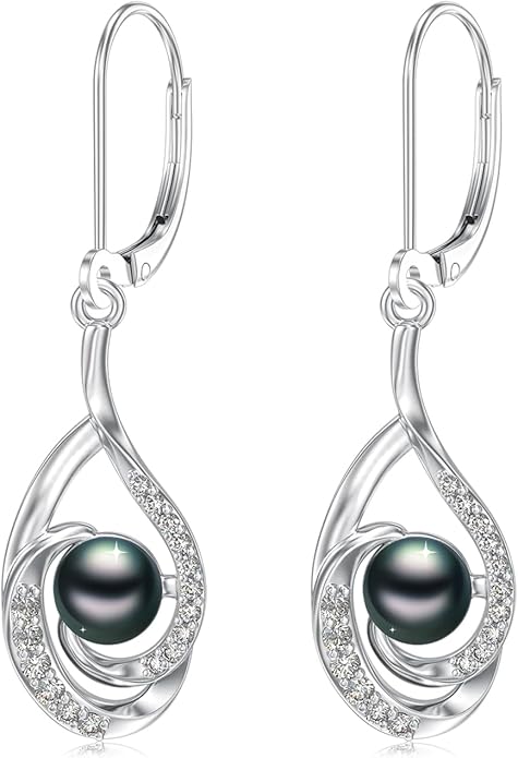 Tahitian Black Pearl Earrings Gifts for Women Wife Celtic Dangle Drop Earrings Wedding Birthday Anniversary Jewelry Valentines Christmas Day Gifts 925 Sterling Silver