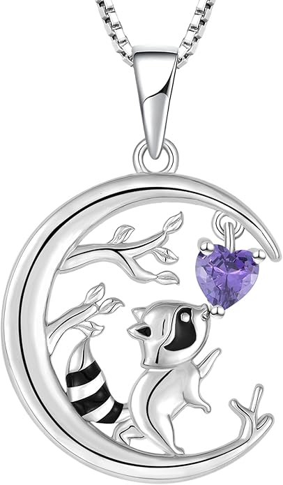 STARCHENIE Raccoon Necklace 925 Sterling Silver Heart Birthstone Pendant Cute Animal Jewelry for Women
