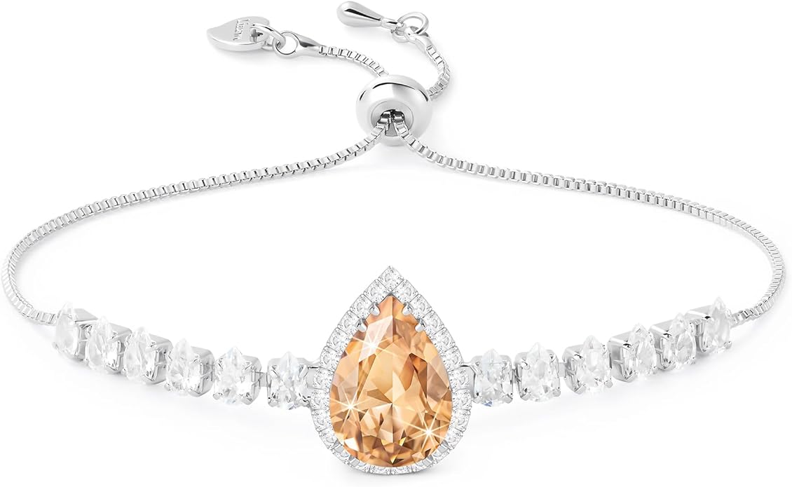 Linawe Crystal Imitation Diamond Rhinestone Charm Bracelets for Women, Gold/Silver/Rose Gold Adjustable Chain Bracelet, Teardrop Birthstone Cubic Zirconia Prom Costume Wedding Jewelry