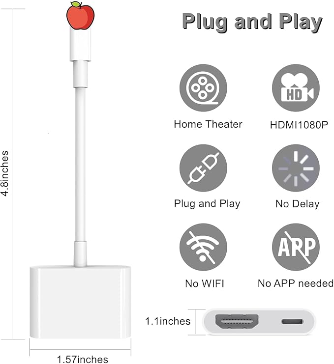 AIRSKY [Mfi Certified Lightning to HDMI Adapter, Plug&Play, no Power Needed; Lightning to Digital AV Adapter 1080P Sync Screen; Compatible with iPhone/iPad to TV