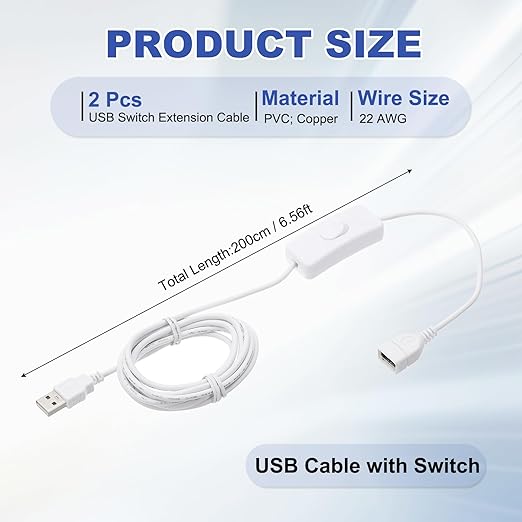 MECCANIXITY USB Extension Cable with ON/Off Toggle Switch 2m USB Male to Female Extension Cord for Desk Lamp Fan LED Light Strip White Pack of 2