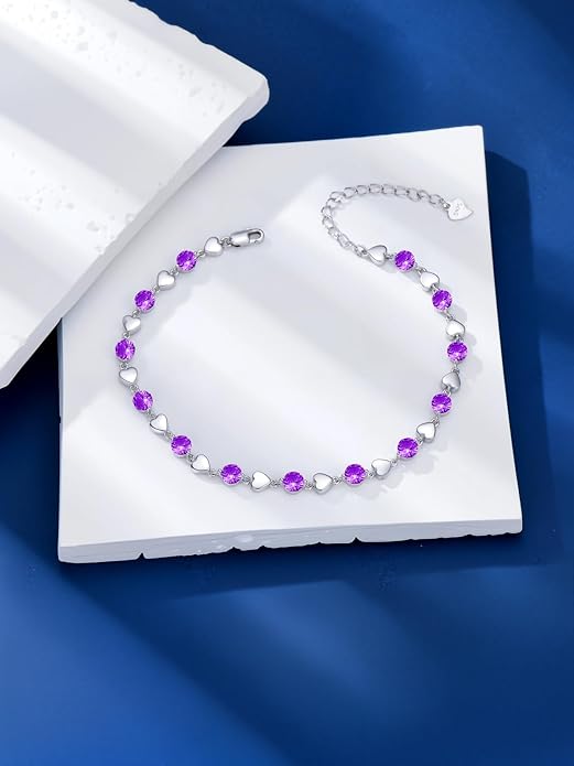 Birthstone Charm Link Bracelet 925 Sterling Silver Rose/Heart/Mom Bracelet with 12 Months Birthstone Mother's Day Gift Jewelry Gifts for Women,Chain Length 7"+2" Extend