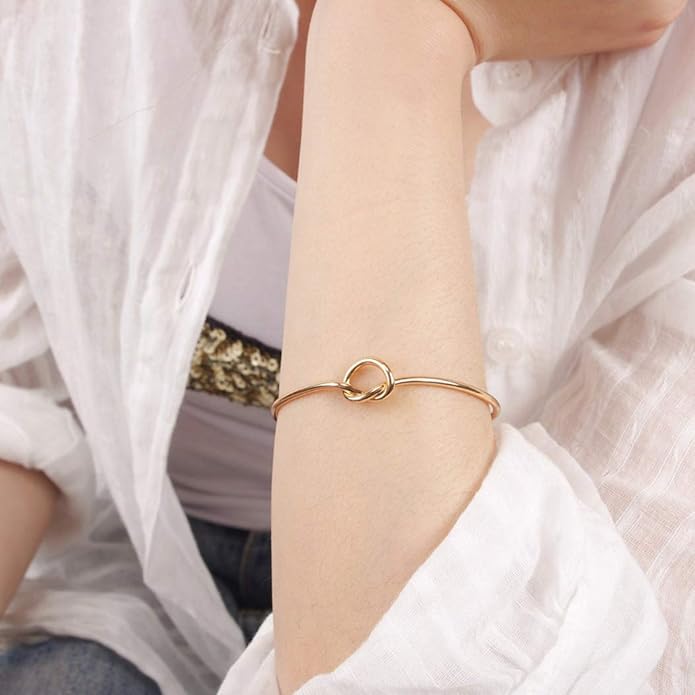 Starain 4Pcs Rose Gold Bracelets for Women Simple Leaf Arrow Feather Knot Heart Bangle Bracelet Adjustable Cuff Bracelet Set